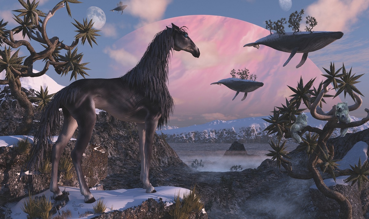 Happy woman hiker in a misty forest